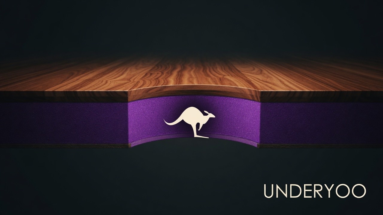 Kangaroo silhouette living in the purple underlayment under a hardwood floor